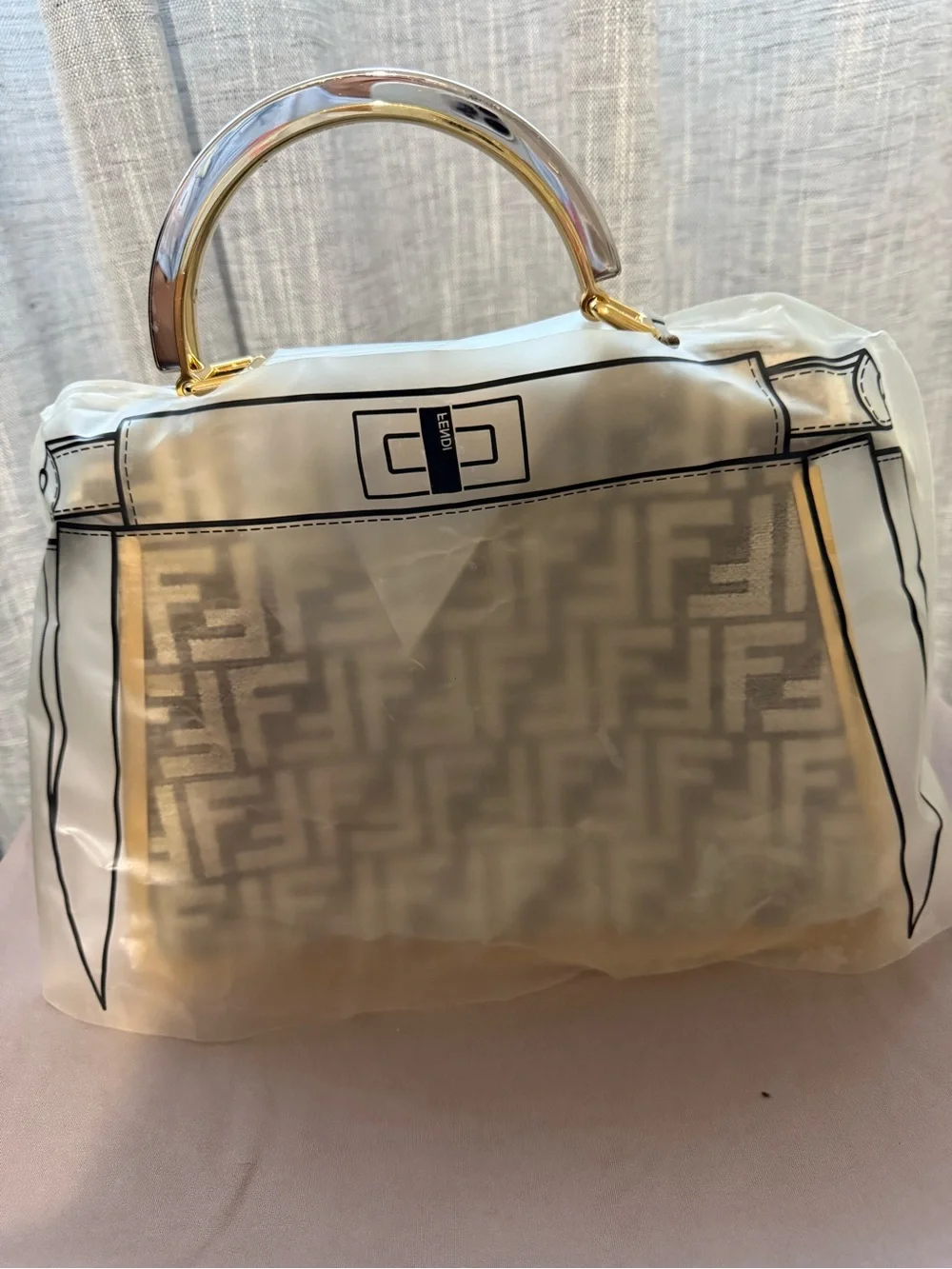 Fendi Beige/Brown FF Logo Satchel with Gold Accents